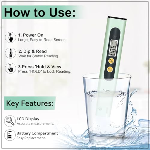 Image of GLUN Water Quality Tester Device TDS Meter, Pack of 1 Accurate & Reliable, 0-9990 ppm, Sage Tint Green Colour, Ideal Testing for Drinking Water, Aquariums or Other