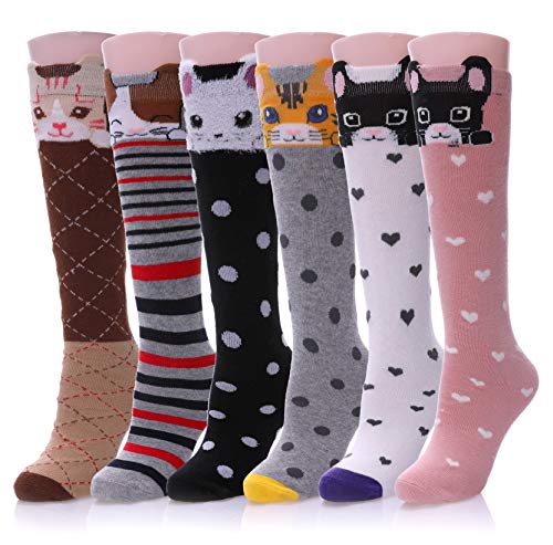 DYW Girls Socks Knee High Socks Cartoon Animal Warm Cotton Stockings 6 Pairs Cat