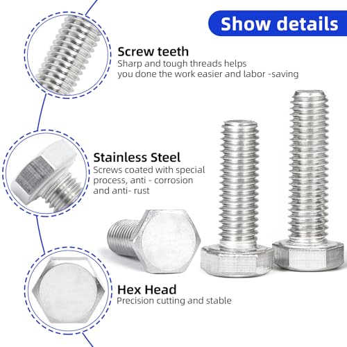 Image of 1 /2 inch-13 x 1-3 /4 inch Hex Head Screw Bolt,Fully Threaded,304 Stainless Steel 18-8,UNC Coarse Thread,5 Pcs.