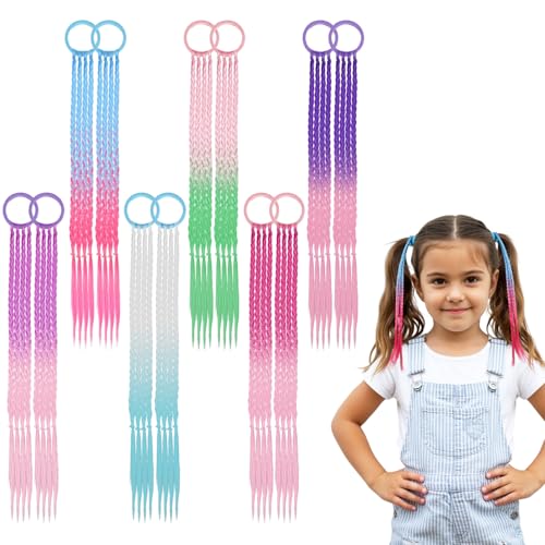 Dimeho 6 Pcs Braids Hair Extensions Colorful Rainbow Braided Rubber Bands Wig Braid Hair Rope Cosplay Ponytail Holders Hairpieces Styling Accessories for Women Party Dress Up