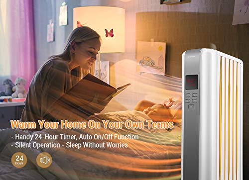 Space Heater, 1500W Oil Filled Radiator Heaters Indoor Portable Electric with Remote, Built-in 24-Hrs Auto On/Off Timer, Digital Thermostat, ECO Mode, Safe and Quiet Heater for Home Office Use, White