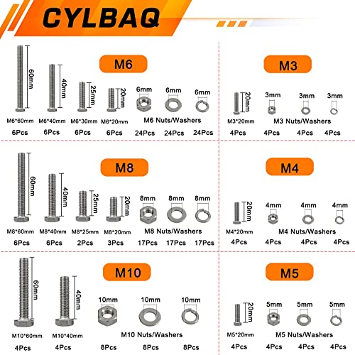 Hex Bolts and Nuts Set, CYLBAQ M3 M4 M5 M6 M8 M10 Nut and Bolt Assortment Kit - Image 2