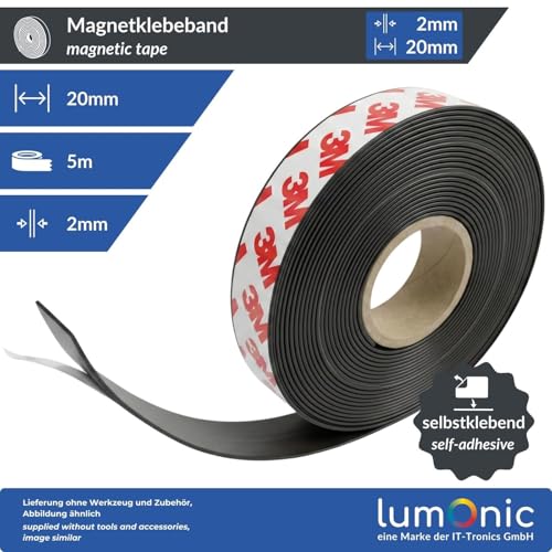Lumonic 5m Magnetklebeband | 20x2mm | flexibel, selbstklebend, zuschneidbar, ohne Bohren | Fliegengitter, Schule und Tafel