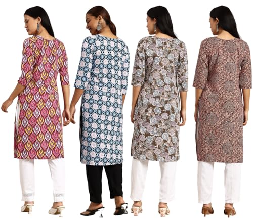 Image of JAKHANA Women's Crepe Printed Casual Straight Calf Length Round Nick Kurta Pack of 4