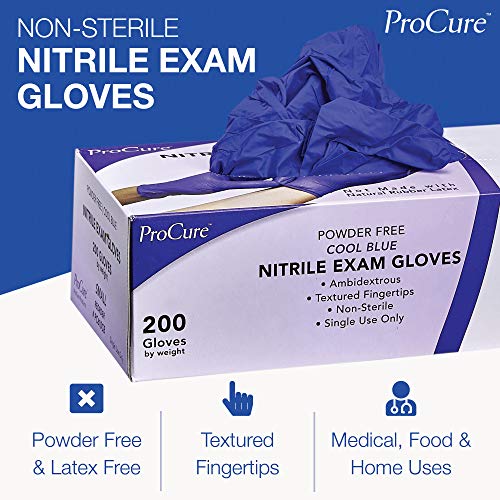 Procure Disposable Nitrile Gloves Medium, 200 Count - Powder Free, Rubber Latex Free, Medical Exam Grade, Non Sterile, Ambidextrous - Soft With Textured Tips - Cool Blue #TOP5