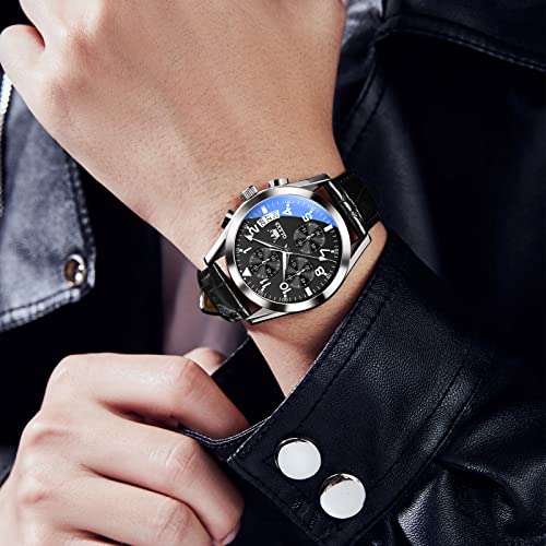 OLEVS Watches Men Black Leather Chronograph Watches for Men Big Face Mens Watches Classy Waterproof Easy Adjustable Quartz Dress Wrist Watch Relojes para Hombres — view 2