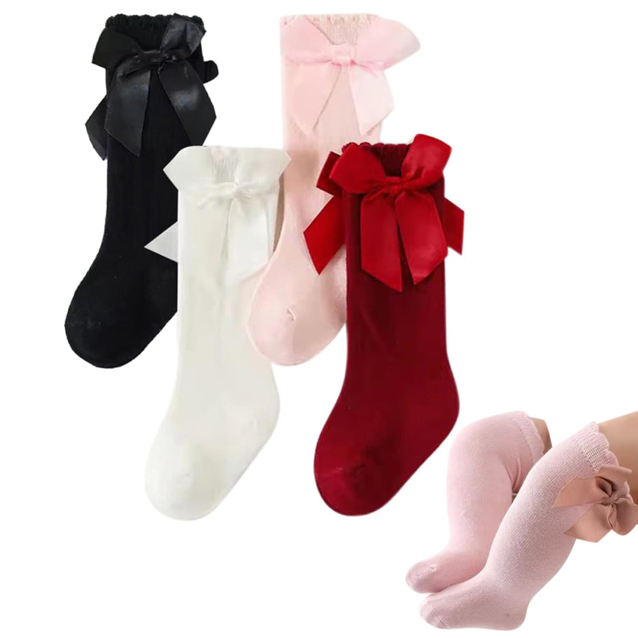 heartbury Cute and Colorful Pure Cotton Knee High Socks With Bow Princess Socks For Baby Girls (Pack of 4Pairs)-picture-33
