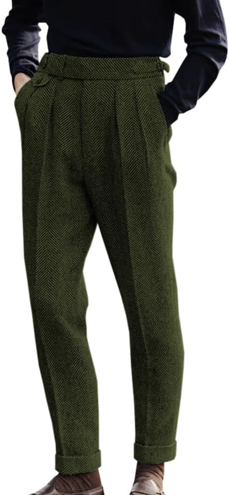 Men's High Waisted Tweed Dress Pants Pleated Front Vintage Wool Trousers