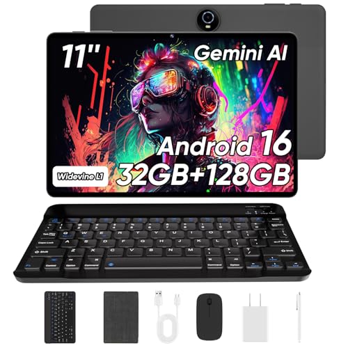 Image of WXUNJA 11 Inch Android 16 Tablet with Keyboard, 32GB RAM+128GB Storage, 1TB Expand, 8000mAh Battery, 5MP+8MP Camera, Dual Band WiFi 6, IPS Touch Screen, Mouse /Stylus /Case /Charger Inside, Light Black
