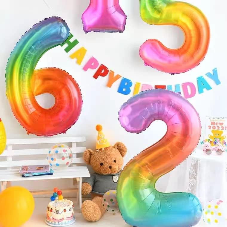 Miniatura 3 de Juego de 54 piezas Globo arcoíris número 6 de 40 pulgadas, decoraciones de fiesta de cumpleaños grandes globos de aluminio Mylar globo de números
