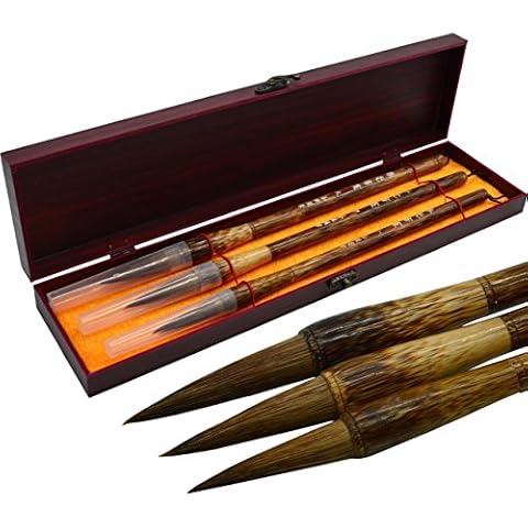 Omonic 3 Pcs Top Goat Wolf Hair Chinese Caligraphy Kanji Japanese Sumi Drawing Brush Pack of 3 Set Size L M S Cover