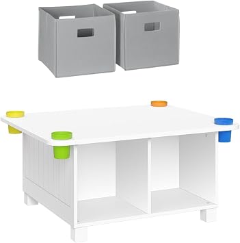 RiverRidge Kids Desk and Art Activity Table - Play Table with 4 Storage Cubbies & Removable Storage Cups for Crafts, Puzzles & Activities 2 Gray Folding Fabric Bins