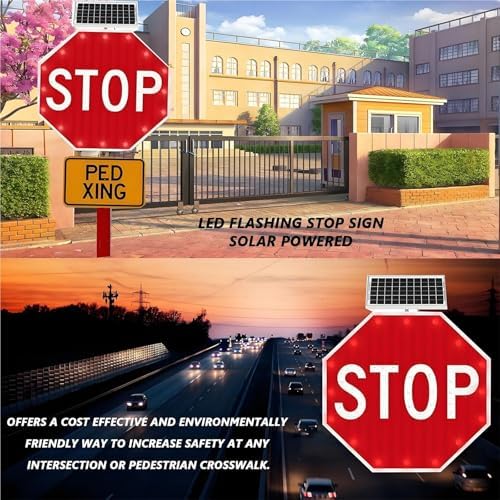Solar-Powered 32" Reflective LED Stop Sign - Flashing Warning Traffic Signal for Outdoor Streets, Safety Alert, Durable, High Visibility Road Sign