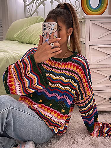 Cozyease Women'S Oversized Sweater Colorblock Long Sleeve Drop Shoulder Round Neck Pullover Sweater Tops Multicolor L thumb #3