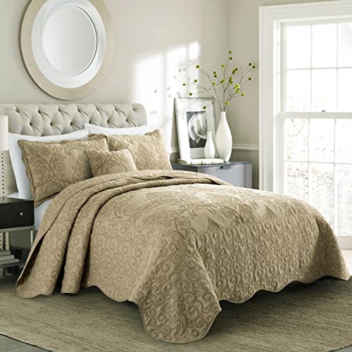 Bytide Quilt Bedspread Oversized King 4 Piece Bedding Set 120" X 120" Elegant Antique Classy Damask Embroidery With Scallop Edges, Ultra Soft Lightweight Coverlet, Brown #TOP1
