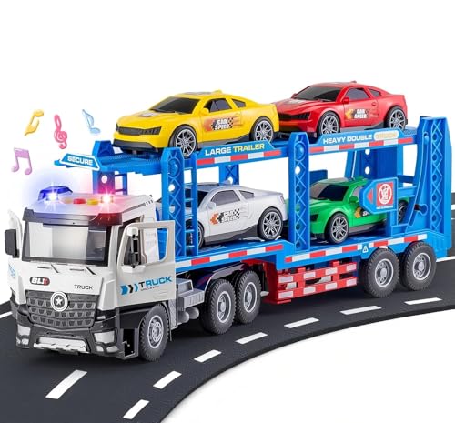 لعبة شاحنة حاملة سيارات كبيرة للاطفال من تويز لاند، شاحنة سباق مزدوجة الطبقات مع 4 سيارات سباق، العاب سيارات تعمل بالاحتكاك مع اضواء واصوات وهدايا عيد ميلاد للاولاد والبنات من سن 3-8 سنوات