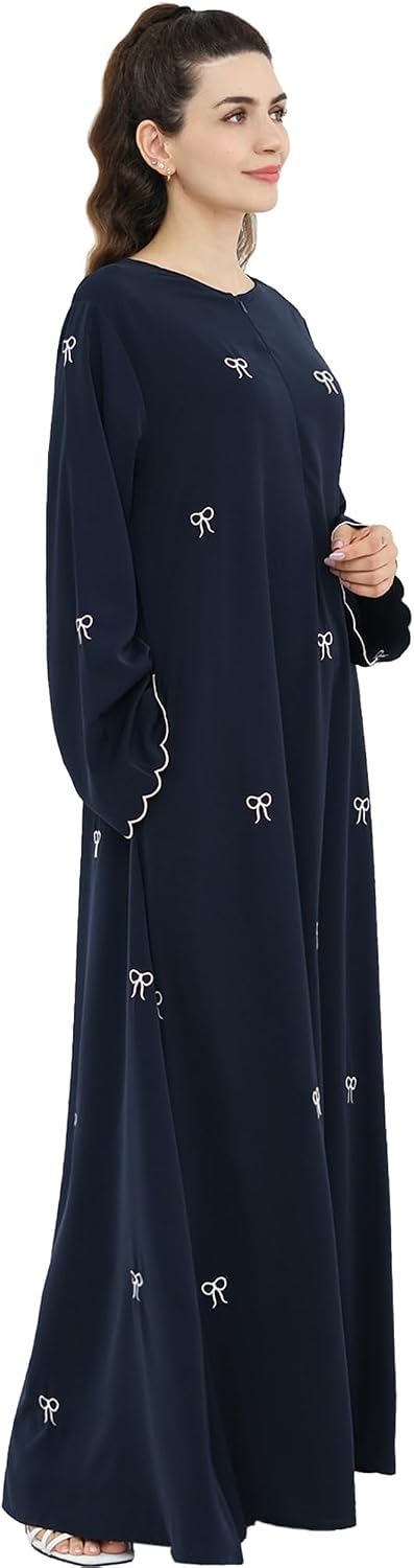 Modest Muslim Abaya Dress for Women, Long Sleeve Embroidered Maxi Dress with Zipper