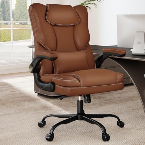 Ergonomic Office Chair with Flip-up Armrests, 300lbs Mid Back Computer Office Desk Chair with Lumbar Support, Executive Leather Chair with Rocking Function Adjustable Height for Home Office