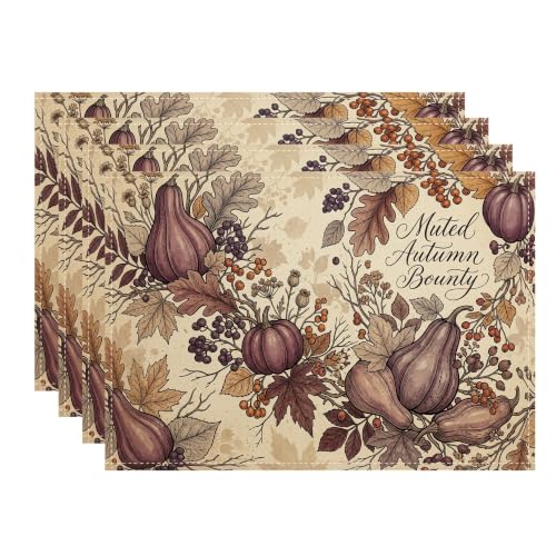 Pumpkins Placemats Set of 4, Rustic Traditional Gourd Leaf Fall Muted Violet Washable Non Slip Fabric Placemats Decor for Kitchen Indoor Outdoor Dinner Patio Party 18x12 Inch