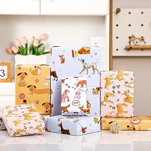 PlandRichW Puppy Wrapping Paper for Boys Men Girls Women Birthdays Recyclable 12 Folded Birthday Gift Wrapping Paper 4 Cute Puppy Designs, Each Sheet Pre-Cut 20 X 29 Inches