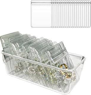 Clear Acrylic Jewellery Organiser Box, 15.2 x 7.6 x 5.3 cm, 8 Pouches for Necklaces and Rings