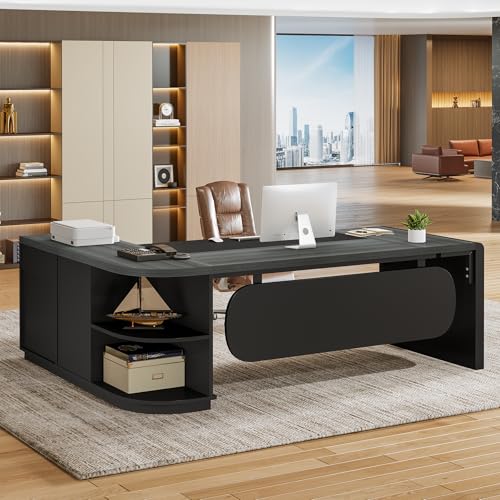 Image of Tribesigns 80'' L-Shaped Desk, Large Executive Office Desk with 55'' Drawers Cabinet, Modern Commercial Office Table with Storage Shelves, Business Furniture for Home Office, Grey & Black