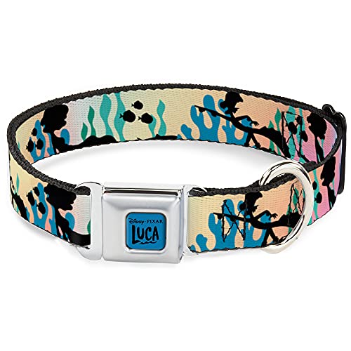 Dog Collar Seatbelt Buckle Luca and Alberto Sea Monsters Underwater Ombre Black 9.5 to 13 Inches 1.0 Inch Wide