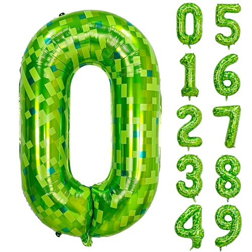 Image of 40 inch giant Green pixel miner game number 0 balloon | Large mining theme foil balloon 0-9 for pixel game parties children's birthdays party anniversary baby shower decoration