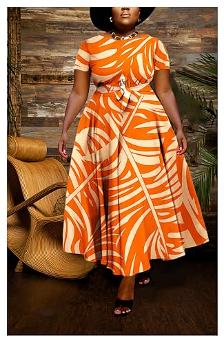 Image of Hostoyo Women Plus Size Formal A Line Maxi Dress Self Tie Waist with Pockets Elegant Round Neck Swing Long Dresses