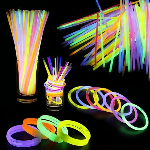SHATCHI Leuchtstäbe, 20,3 cm und Verbindungsstücke, Neonfarben, Set für Armbänder, Ringe, Halskette, Halloween, Rave, Kostüm, Party, Requisiten, Beutelfüller, Spielzeug, Gastgeschenke, 100Pcs,