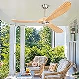 BOOSANT 60” Ceiling Fans Without Lights, Wood Ceiling Fan with Remote Control No Light, Outdoor Propeller Ceiling Fan with 3 Blades,Brushed Nickel Outdoor Ceiling Fans for Patios (Nature Wood)