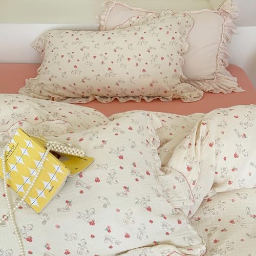 Image of VM VOUGEMARKET Red Flower Duvet Cover Set Twin,Soft Muslin Cotton Cute Rabbit Comforter /Quilt Cover with Romantic Ruffles for Kids Toddler,Comfy, Breathable & Lightweight