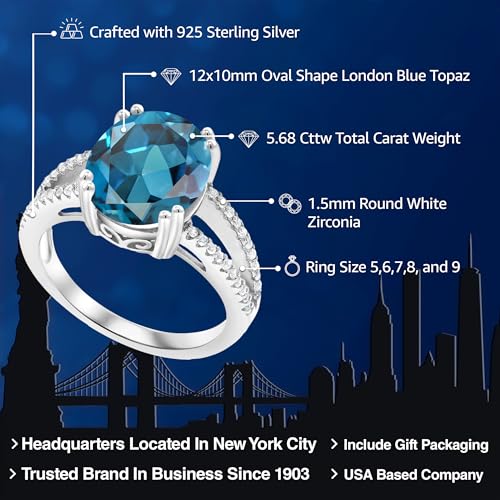 Gem Stone King 5.68 Cttw London Blue Topaz Engagement Ring For Women In 925 Sterling Silver | Oval 12X10MM | Gemstone November Birthstone | Available In Size 5, 6, 7, 8, 92