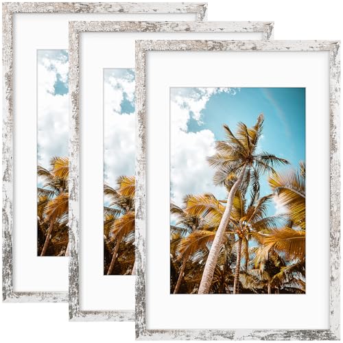 Image of Frametory, 16x24 Picture Frame with Mat for 12x18 Picture- - High Definition Glass Wide Molding - Preinstalled Wall Mounting Hardware (Distressed White, 3 Pack)