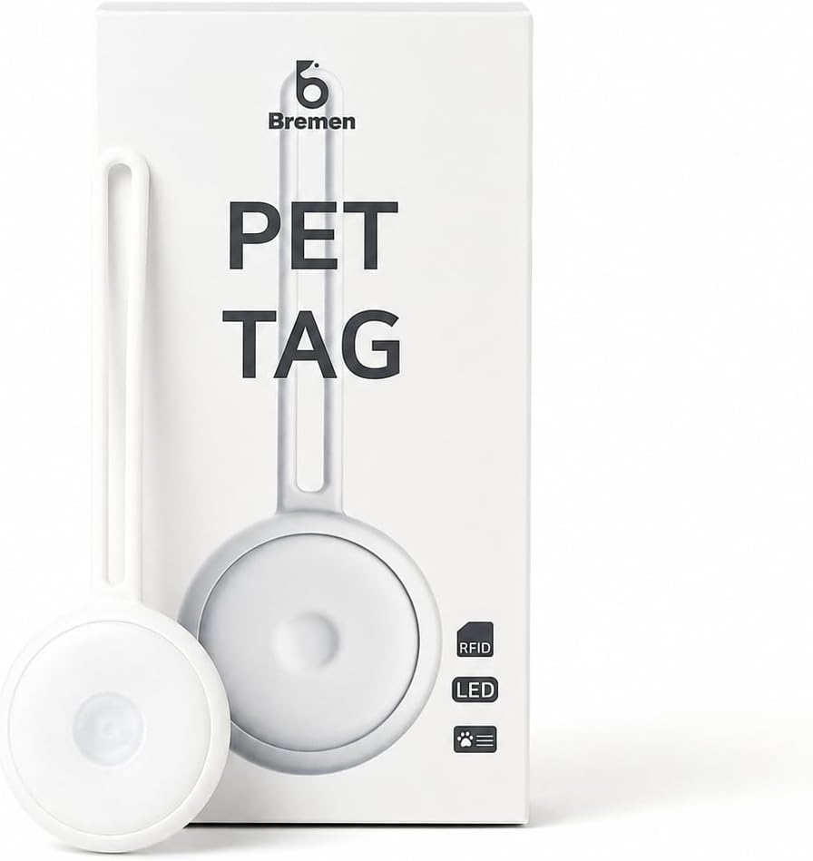 Bremen Smart Pet Tag, 5-Color LED Safety Light, Rechargeable Battery, 30 uses Based on a 1 Hour 30 Minute Walk, 18g, Black/White