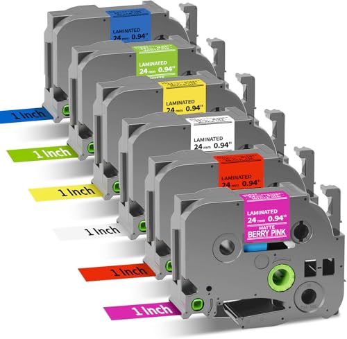 Oozmas Replacement for Brother Label Maker Tape 1 Inch TZe 24mm 0.94" Laminated Colored P-Touch Tape Compatible with Brother PT-P710BT PT-D610BT PT-2300, White/Red/Yellow/Blue/Green/Pink, 6PK