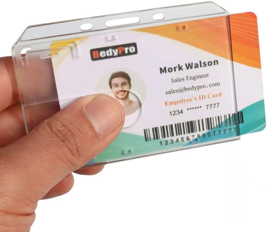 50 Pack Hard Plastic Badge Holder-Horizontal Heavy Duty ID Card Holder-Rigid Case Single I'd Protector with Easy Access Thumb Slot & Chain Holes for Clips,Lanyards & Reels-Frosted Clear by BedyPro