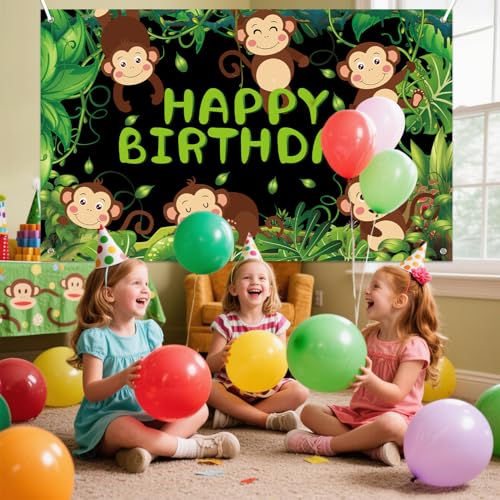 Monkey Party Decoration Supplies - Happy Birthday Backdrop, Monkey Photography Background for Wild Jungle Animal Theme Supplies(71 * 43inches) by LSJDEER - Used condition - Image 5