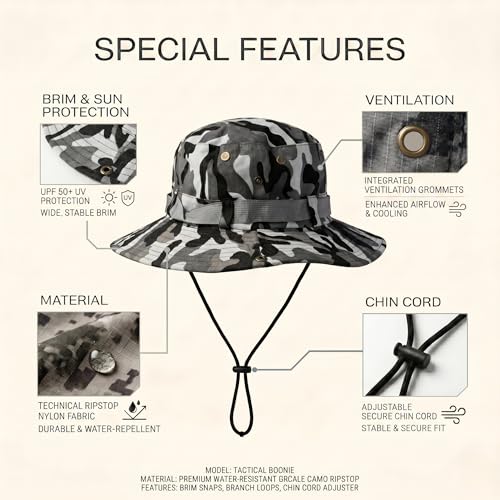 Image of Kraptick Wide Brim Sun Hat for Men - Outdoor Tactical Boonie Hat with Adjustable Chin Strap, Breathable Trekking Cap for Hiking, Fishing, Safari & Jungle Adventures