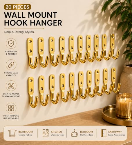 Image of iSTAR Stainless Steel Unbreakable J Type Hook Bathroom Hooks Cloth Hanger Wall Hook Door Robe Hooks for Hanging Keys,Clothes(Gold-Pack of 20)