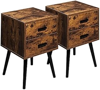 Hoorlang Bedside Table Wood Nightstand, Industrial Bedside Drawers Tables Set of 2, Rustic Retro Bedroom Midcentury Modern Nightstand End Table Room Side Table - HLET03F2