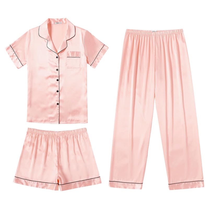 Image of Ekouaer Silk Pajamas for Women Set Satin Soft Short Sleeve Button Down Pjs