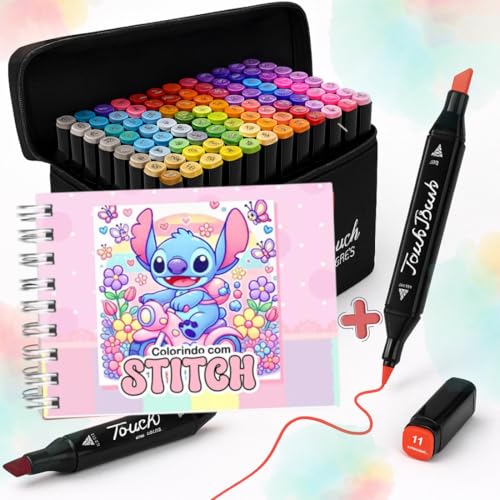 Kit Livro de Colorir Stitch Capa Dura 55 Páginas + Estojo de Canetinhas Marcadoras Touch Ponta Dupla -Pintura Relaxante Crianças e Adultos Kit Completo (Rosa)