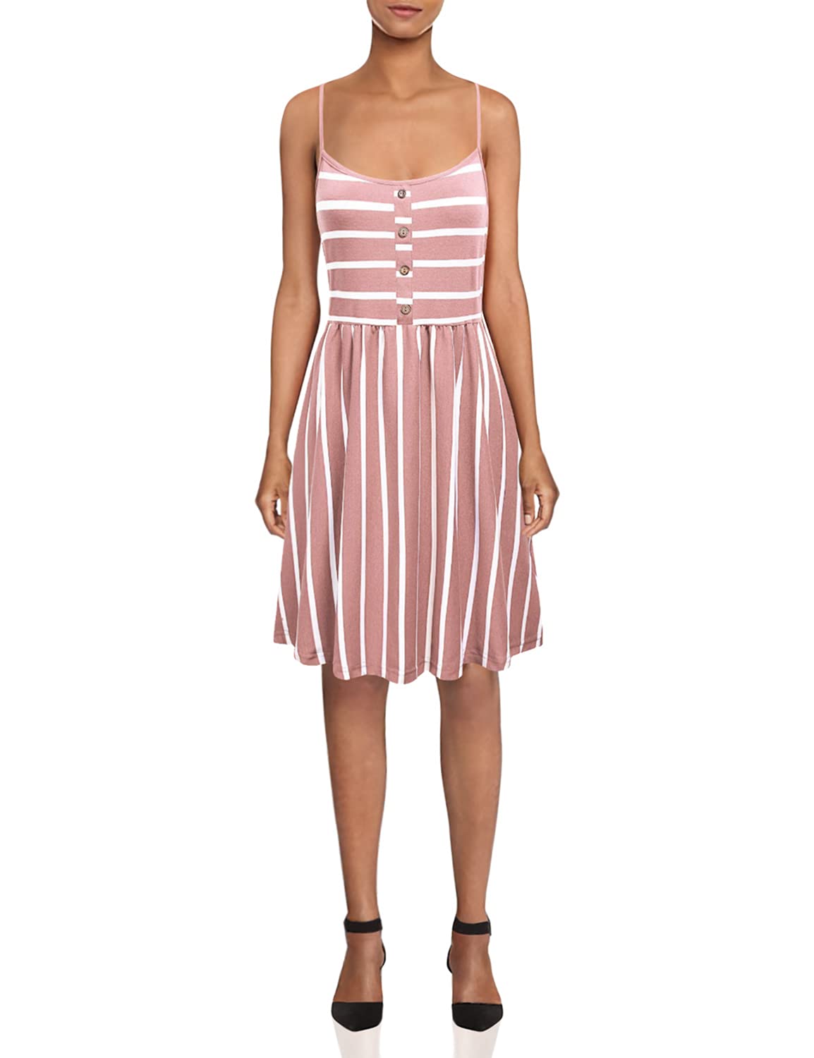 MOQIVGIWomens Spaghetti Strap Button Detail Pleated Summer Casual Stripe Dresses