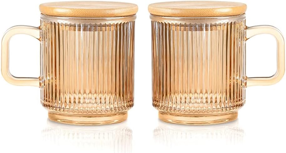2Pc Glass Coffee Cup with Lid Glass Coffee Mugs Ribbed Coffee Glasses with Handle for Latte Cappuccino Tea Milk B