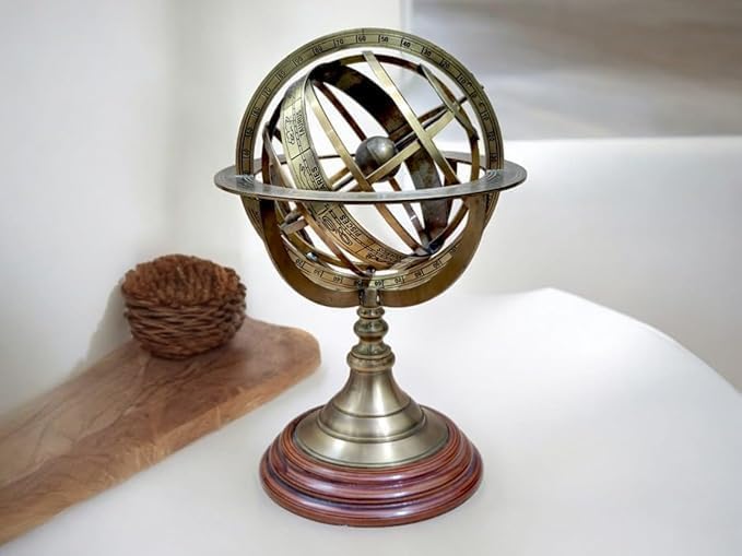 "Antique Brass Zodiac Armillary – 5'' Engraved Celestial Globe with Wooden Base | Nautical Decor"
