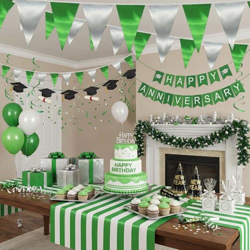 Image of 40M /130FT Green Silver Triangle Pennant Banner Flag Metallic Fabric Bunting Garland for Christmas Graduation Wedding Engagement Anniversary Bachelorette Birthday Bridal Shower Hen Party Supplies