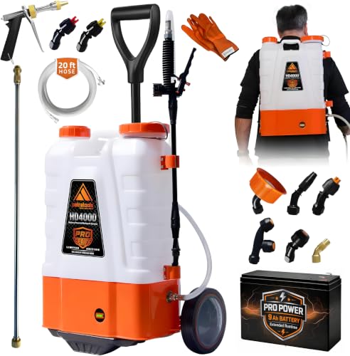 PetraTools Battery Powered Backpack Sprayer 4 Gallon - 8 Hours Long Battery Life & Padded Straps for Comfort - HD4000 Electric Backpack Garden Sprayer with 9 Spray Nozzles (HD4000 ProSeries with Cart)