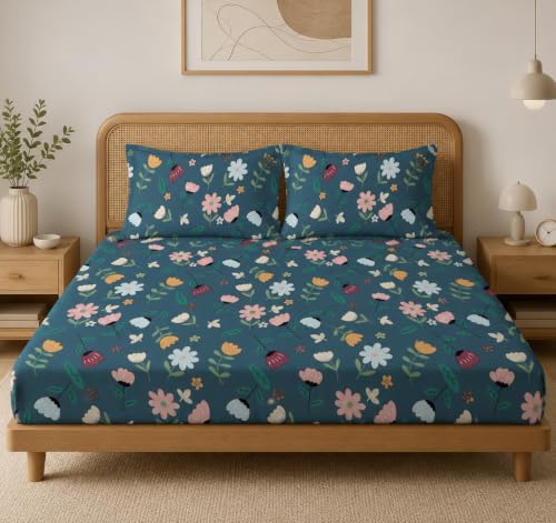 Image of LOOMLYFE 300 TC Cotton Double Bedsheet with 2 Pillow Covers | 90x100 Inches King Size Bed Sheet | Soft, Breathable & Fade Resistant Bedding Set - BlueMultiFlower