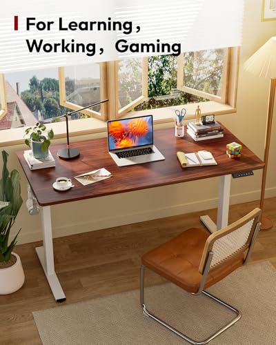 Image of SANODESK Electric Standing Desk 60 x 24 Inches Whole-Piece Desktop Height Adjustable Stand Up Desk w /6-Button Controller Ergonomic Computer Desk for Home Office, White Frame + Mahogany Tabletop